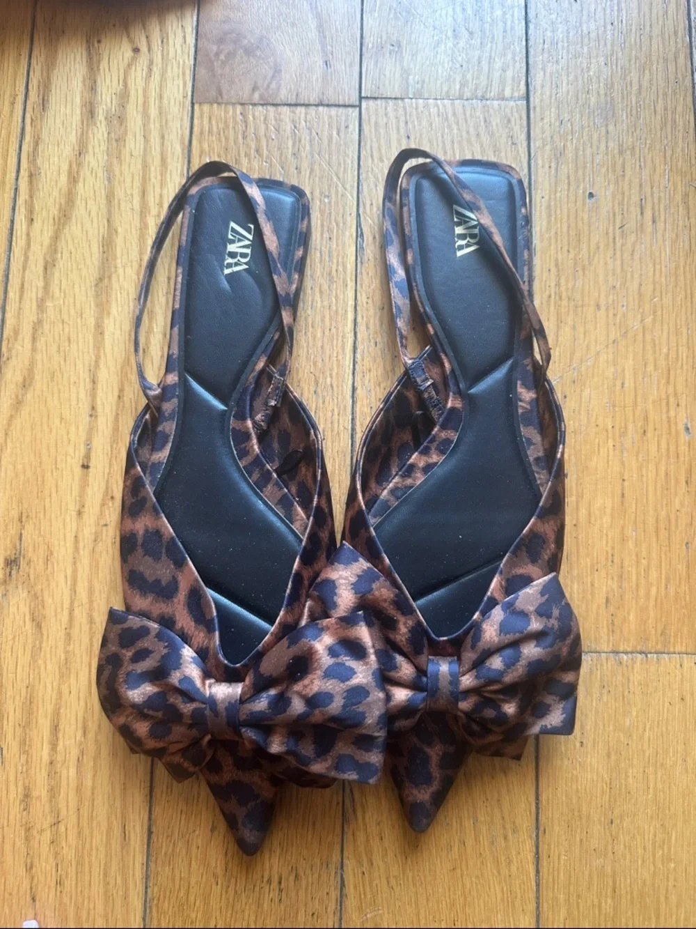 Zara Leopard Print Bow Pointed Slingback Flats in Brown and Black - Picture 2 of 4